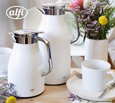 Термос Alfi SKYLINE 1,5л, кокосовий білий матовий, з нержавіючої сталі, з гігієнічним скляним вкладишем, з поворотним кришкою та зручною кнопкою, ергономічна ручка, для однієї руки, ідеальний як кавоварка 1500 мл Coconut White Mat