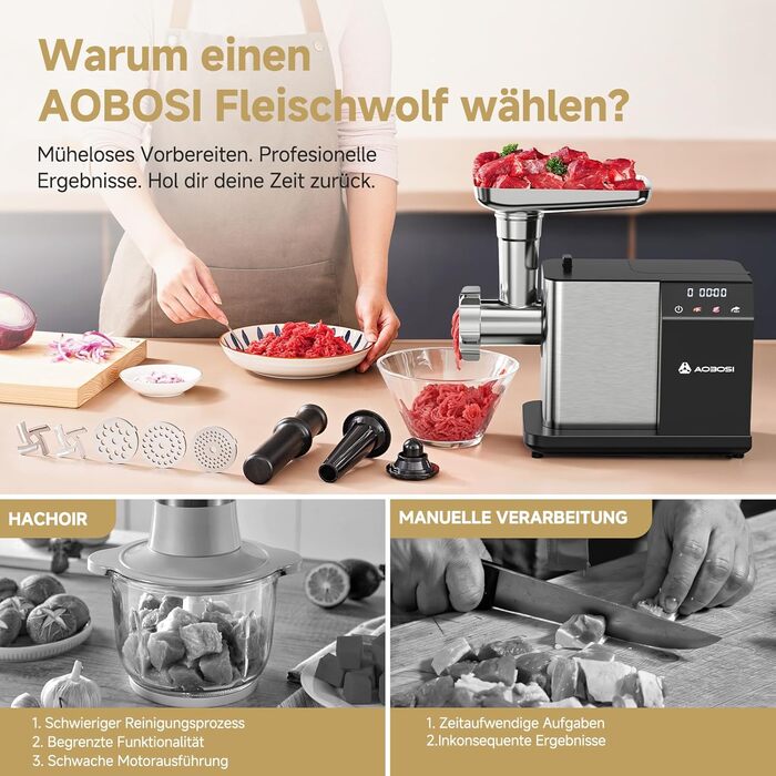 Електрична м'ясоподрібнювач AAOBOSI 3000W з LED-дисплеєм, 9 швидкостей, з нержавіючої сталі, для дому, з насадкою для ковбас та кіббе