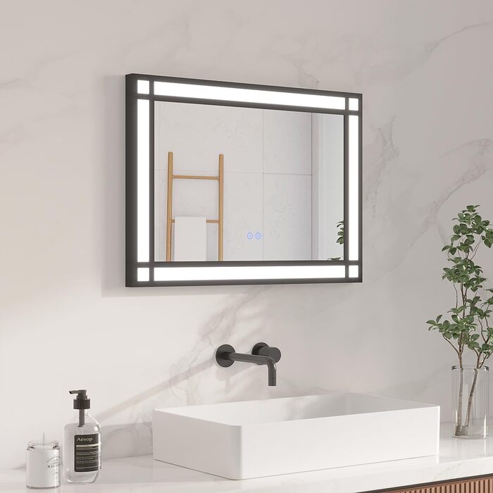 Дзеркало для ванної кімнати AQUABATOS LED з підсвічуванням 50x70 см, імітація вікна, сенсорне регулювання, антизапар, чорний алюмінієвий каркас, індустріальний стиль