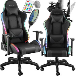 Ігровий крісло Tectake з масажем та LED-підсвіткою, чорний колір. Ергономічний офісний стіл для ігор, крісло для робочого кабінету.