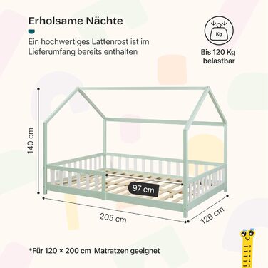 Дитяче ліжко Hesel Hausbett: біле, з бортиками та ламелями, Montessori, 120x200 см