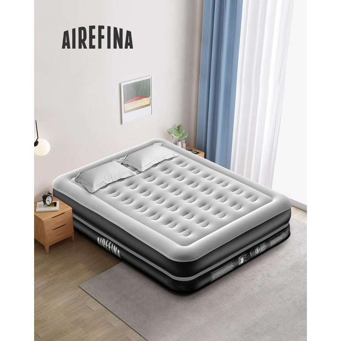 Надувне ліжко Airefina 203 x 152 x 41 см із вбудованим насосом, надувний матрац преміум-класу, що самонадувається, швидке надування/здування, надувний матрац з флокованою поверхнею для гостей, кемпінг, 295 кг MAX двомісний/двоспальний