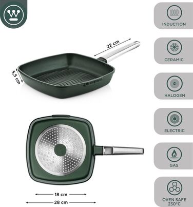 Сковорода-гриль Westinghouse PERFORMANCE SERIES 28 см з нержавіючої сталі, для індукції, грилю та всіх типів плит, з антипригарним покриттям, для духовки та миття в посудомийній машині, алюміній, зелений