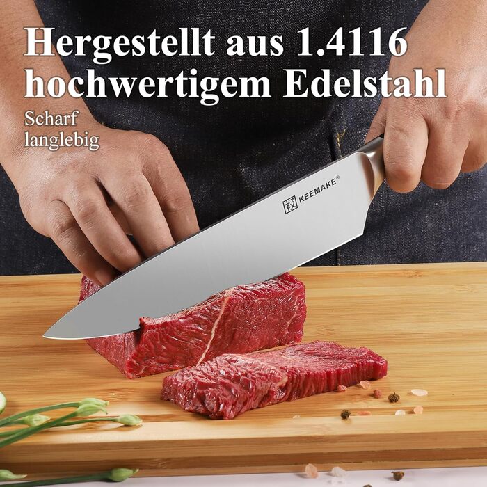 Набір кухонних ножів Keemake, 7-кількісний з дерев'яним блоком, професійний, з нержавіючої сталі, з пластиковою ручкою