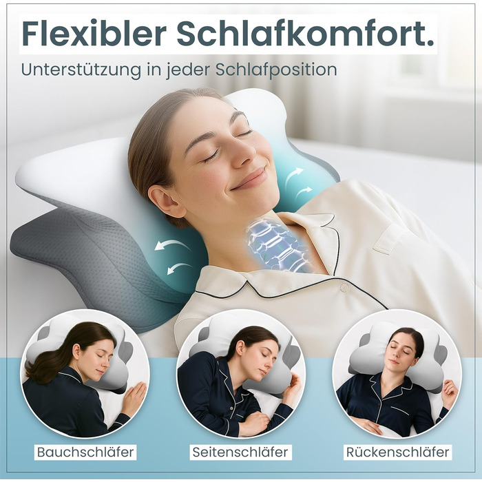 Ортопедична подушка для шиї при болях у шиї з високоякісної піни з пам'яті - Ергономічна подушка для шиї - Подушка для тих, хто спить на боці, спині та животі - Прати при 40°C, 61 x 40 x 12 см, Біла