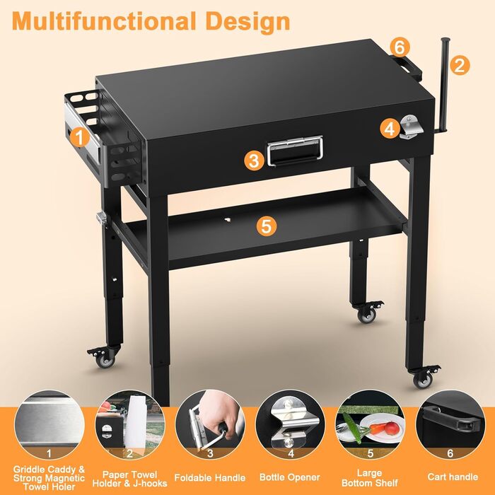 Мобільний гриль-візок для Ninja Woodfire, Weber, Blackstone, Nexgrill, Traeger та інших грилів, візок для гриля з колесами та тримачем для паперових рушників (86 см)