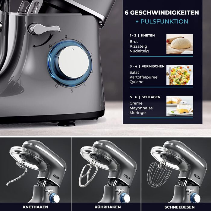 Кухонна машина 2000W з нержавіючої сталі, чаша 6.2 л, міксер з набором насадок (крюк, гак, вінчик, сплеск), колір антрацит