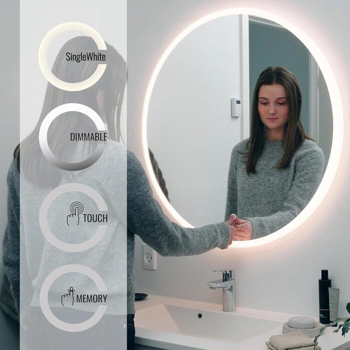 Дзеркало для ванної кімнати Loevschall Atlas з підсвічуванням, кругле, 60 см, без рами, сенсорне, LED-підсвічування, регулювання яскравості (80x80 см)