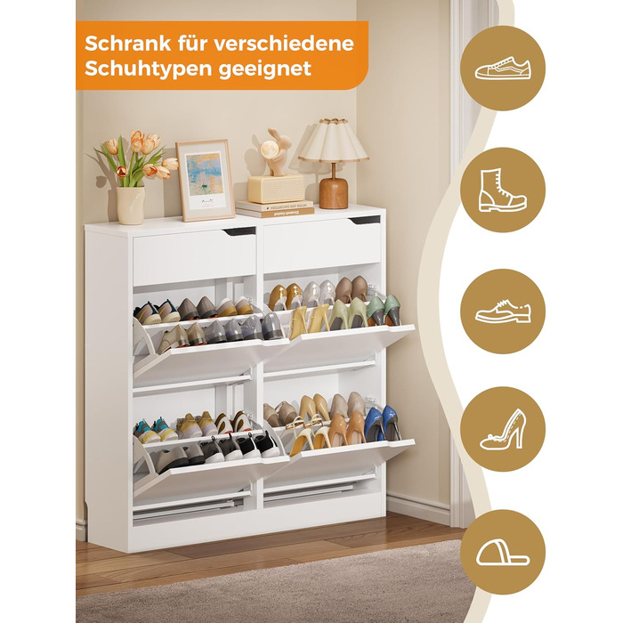 Шкаф для взуття IRONCK з 4 дверцятами, вузький, з 2 висувними ящиками, окремо розташований, з регульованими перегородками, для передпокою, входу та вітальні (Білий) 100*23.5*98 см, Білий