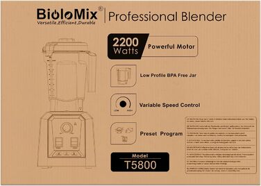 Високопродуктивний блендер BioloMix 2200 Вт, самоочисний, 2 л 600 мл без бісфенолу А, чорний (T5900)