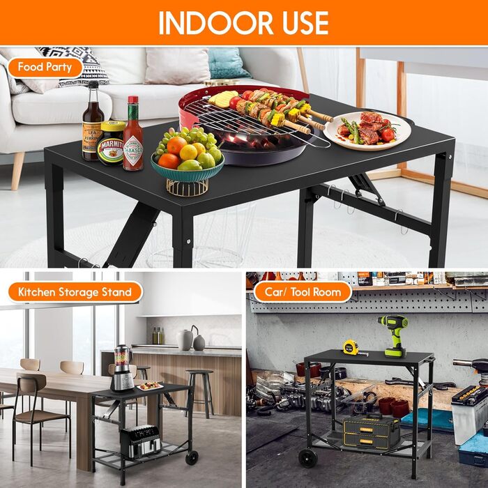 Складаний гриль-візок Khamal: гриль-стіл, піч для піци на коліщатках, мобільний стіл для барбекю та приготування їжі на вулиці та в приміщенні