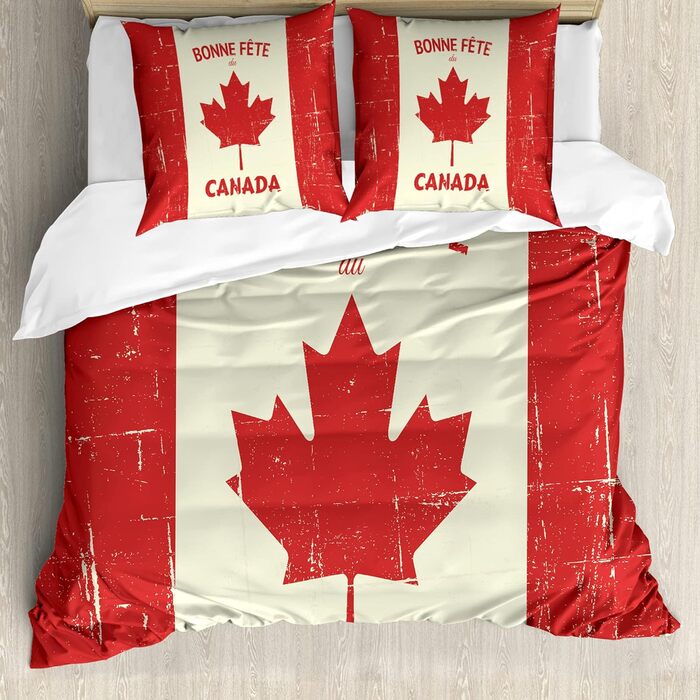 Набір підковдр для односпальних ліжок, концепція Happy Canada, захист від кліщів і алергії з наволочкою, (200 см x 200 см - 80 x 80 см, червоний колір і слонова кістка)