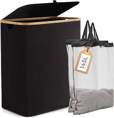 Кошик для білизни Rieeyrslza з кришкою 158 л з бамбука з 2 знімними мішками для білизни, Oxford, складний, для сортування, багатофункціональний, для ковдр та одягу (сірий) (чорний 145л)