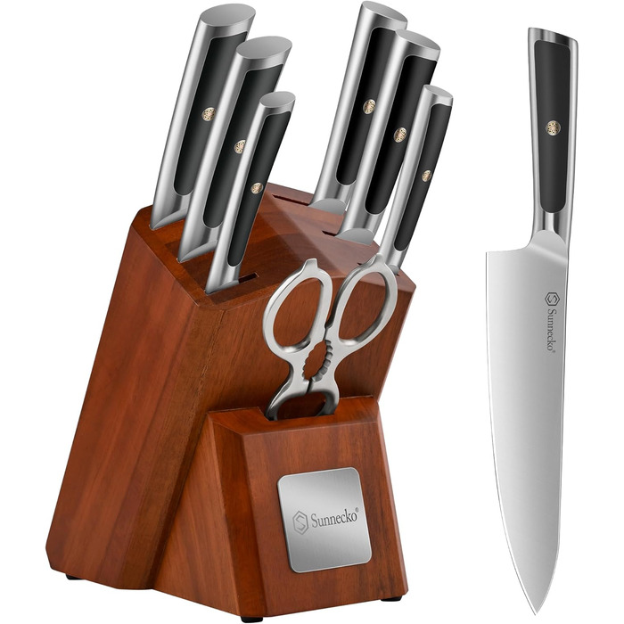 Набір ножів Sunnecko 6 шт. з підставкою – кухонний набір ножів, кухонні ножі з ергономічними ручками, гострими лезами, підставка з нержавіючої сталі та акації