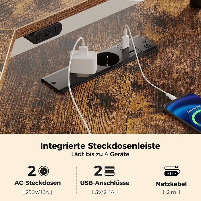 Кутовий стіл Rolanstar з RGB-підсвіткою та розетками, 135 см, для комп'ютера з підставкою для монітора та полицею, реверсивний, з 2 гачками, для спальні/офісу, вінтажний коричневий, 134,5 x 134,5 x 86,2 см