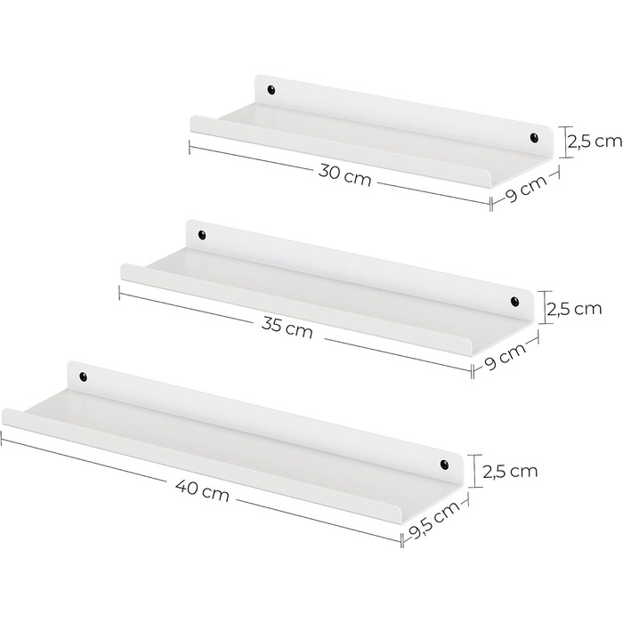 Набір металевих настінних полиць SONGMICS (3 шт.), підвісні полиці в індустріальному стилі для вітальні, кухні та ванної кімнати, білий колір, LFS12BK