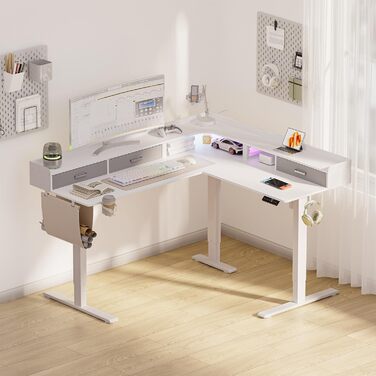 Електричний кутовий стіл L-подібної форми, 160 x 140 см, з 3 висувними ящиками, регулювання висоти, для офісу, ігрової кімнати, дому