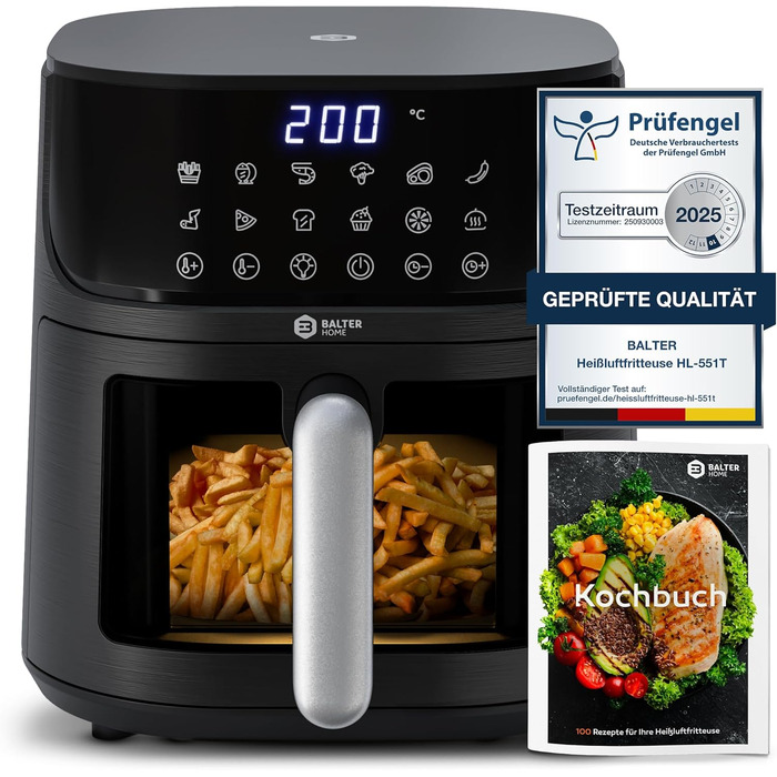 Фритюрниця Balter Airfryer HL-551T 5.5 л, чорна: 12 програм, 100 рецептів, з вікном