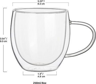 Скляні кавові чашки з подвійною стінкою і 4 ложками, набір з 4 скляних кавових чашок об'ємом 250 мл з ізольованою ручкою, прозора кавова чашка