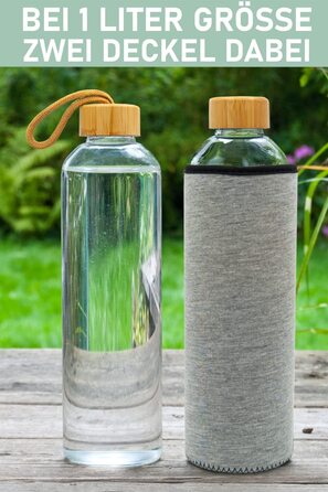 Скляна пляшка T & N 1 літр / 750 мл / 500 мл - пляшка для пиття 1 л з неопреновою кришкою - пляшка для води 1000 мл герметична - скляна пляшка для пиття з більш товстого боросилікатного скла (бамбук / спортивний Сірий, 1 літр карбонізований)