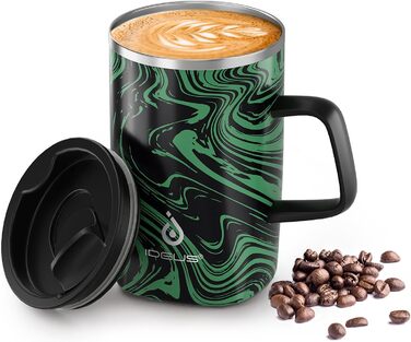 Кружка для кави та чаю Ideus® 470 мл (16 oz) з подвійними стінками, з нержавіючої сталі, з нековзним ручним тримачем та кришкою-відкидним модулем, великий об'єм (Червоний Зебра) (Зелений Зебра)