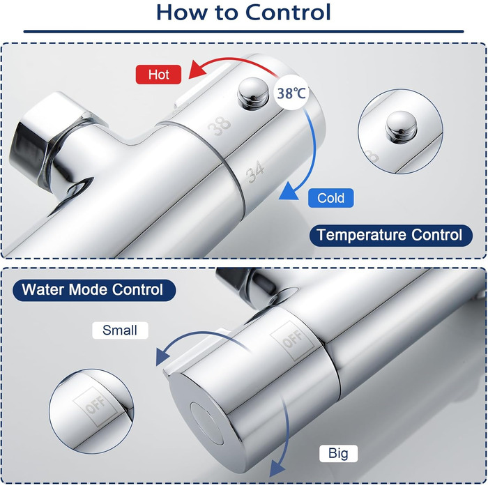 Змішувач для ванни з термостатом, накладний, хром, латунь, з кнопкою безпеки 38°C, для ванни, водопровідний кран, термостат для душу (2 отвори)