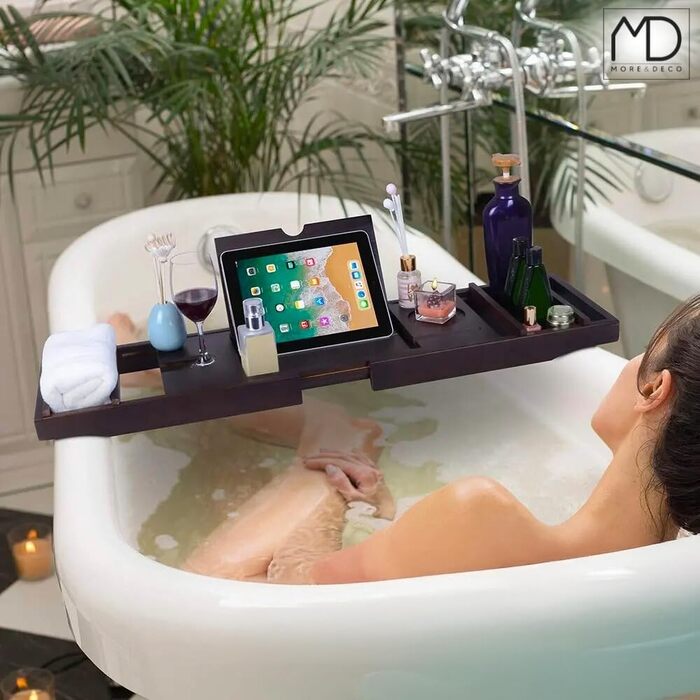 Підставка для ванни ZOLTA - дерев'яна підставка для ванни з тримачем для планшета/книги - підставка для ванни з тримачем для келихів та чашок - для домашнього релаксу - з бамбука, 75-110 x 23 см