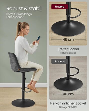 Барні стільці VASAGLE 2 шт., регульована висота, обертаються, зі спинкою та підніжкою, для кухні, їдальні, бару, сталеві, сіро-кам'яні, LJB195G02