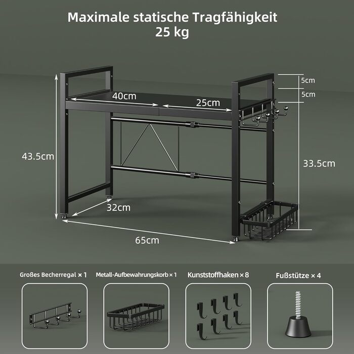 Регульована полиця для мікрохвильової печі NETEL, 3-рівнева, чорна, висувна 40-60 см, з кошиками