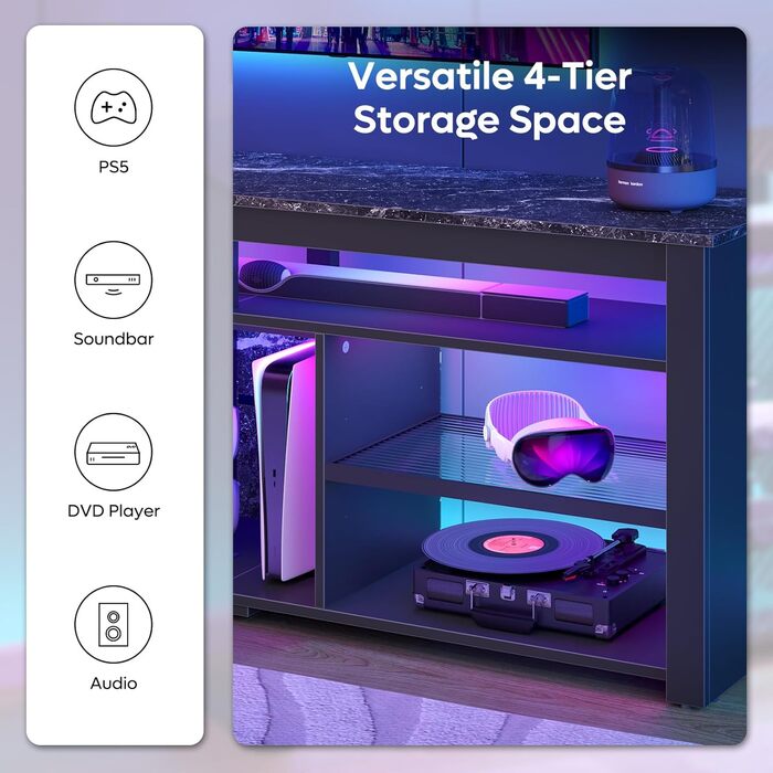 Тумба під телевізор Bestier 70 дюймів з LED-підсвіткою, для PS5, чорний мармур 160x33.8x66.8 см