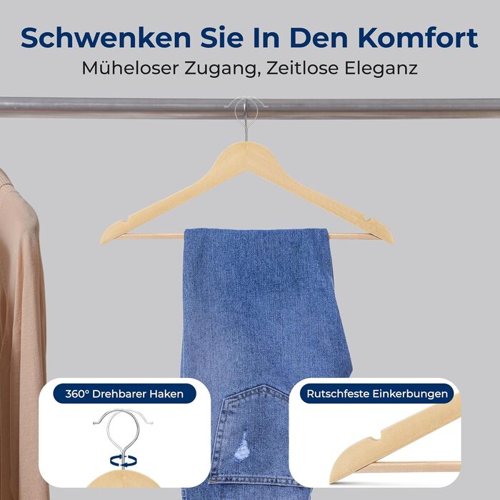 Плечики для одягу SereneLife з натурального дерева, 20 шт. - обертаються на 360°, для дітей та дорослих, міцні, економія місця для курток, спідниць, штанів та костюмів