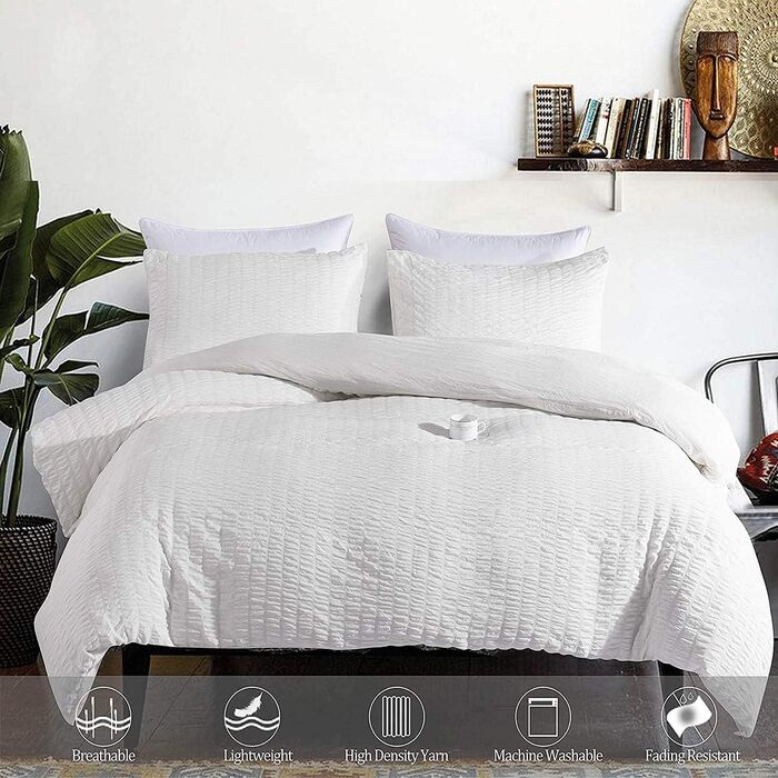 Комплект постільної білизни Vivilineneu Seersucker з 3 предметів-підодіяльник для ліжка 220x240 см 2 наволочки 50x75 см - на блискавці (білий, 200x200 см)