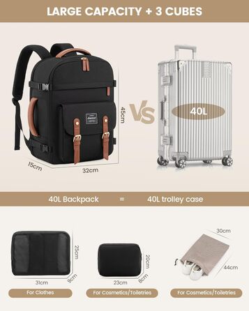 Рюкзак LOVEVOOK для ручної поклажі в літак, жіночий, водонепроникний, універсальний, для ноутбука 17 дюймів, шкільний, для студентів, подорожей, чорний/коричневий, 45x32x15 см