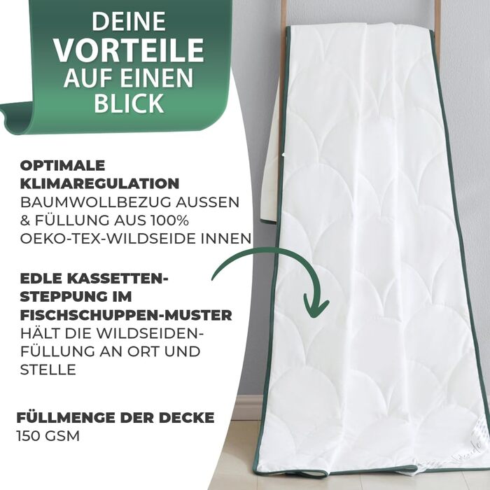 Літня ковдра Welldora 155x220 см з дихаючої шовкової вати | Оeko-Tex, перевірена лікарями, для алергіків | Швейцарія