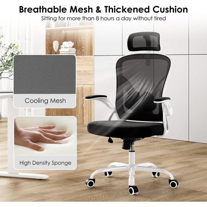 Ергономічне крісло Farini для офісу та дому: регульована висота, з підголівником, 150 кг, на коліщатках (чорно-біле)