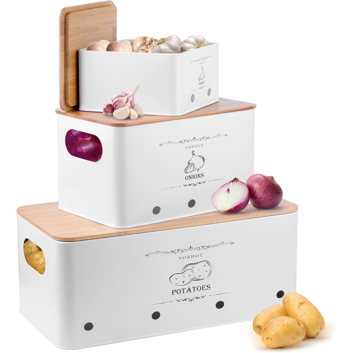 Набір контейнерів для зберігання картоплі, цибулі та часнику (3 шт.), бамбуковий кришка, білий