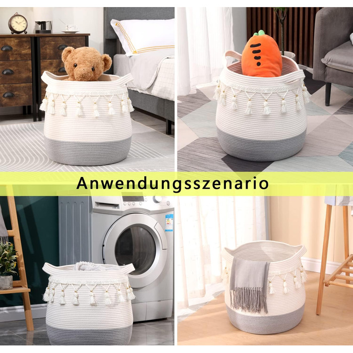 Великий кошик з бавовняного мотузка, плетений кошик для іграшок, білизни та ковдр, круглий кошик для подарунків з ручками для дитячої кімнати D45xH43CM (світло-сірий)