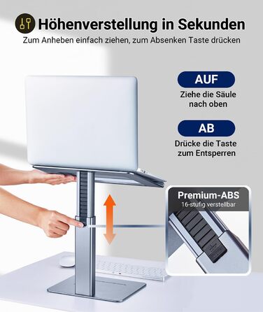 Регульований підставка для ноутбука, стійка для ноутбука на стіл, можливість стоячи, підставка для DJ ноутбука, компактна альтернатива столу, сумісна з MacBook та ноутбуками 13' - 16.5', чорний (сріблястий)