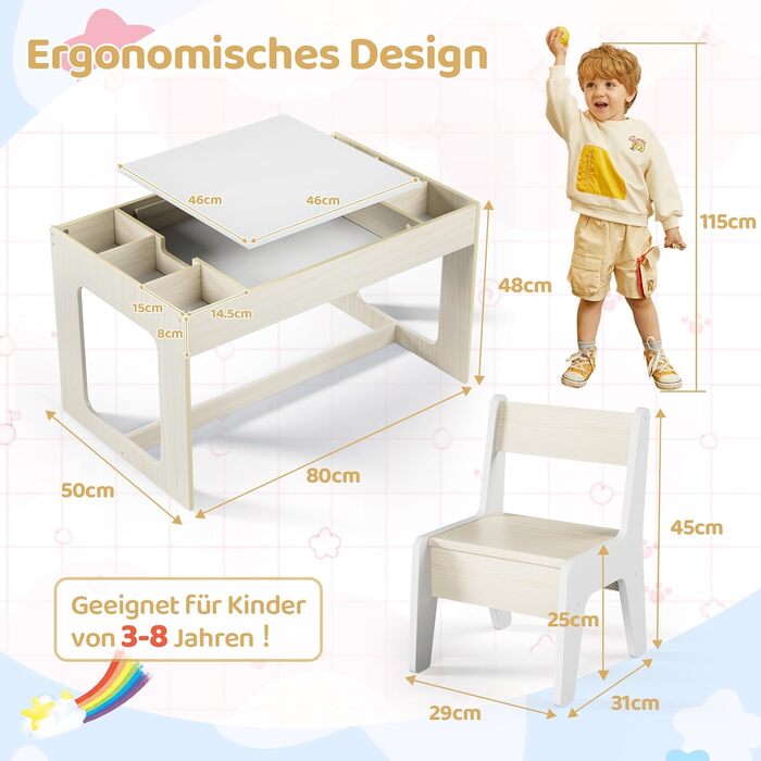 Дитячий стіл та стільці Mamizо з місцем для зберігання, набір для дитячої кімнати, школи, дитячого садка, від 3 років (білий)