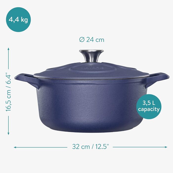 Чавунна каструля Наварис сковорода для запікання Каструля для запікання об'ємом 3,5 л-Ø 24 см, покрита емаллю, термостійка - для всіх страв і поверхонь для приготування їжі