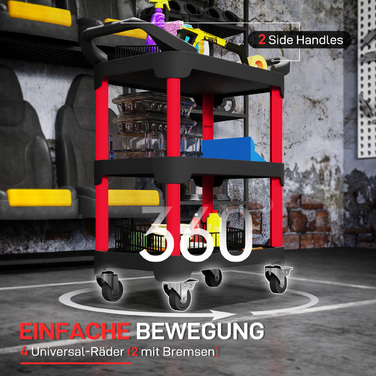 Навісний інструментальний ящик на 3 ящики з боковими ручками, колесами, з пластику, чорного кольору