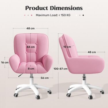 Крісло для дому та макіяжу 2-в-1, ергономічне, обертове на 360°, регульоване по висоті, для робочого кабінету або спальні (без подушки, Рожеве)