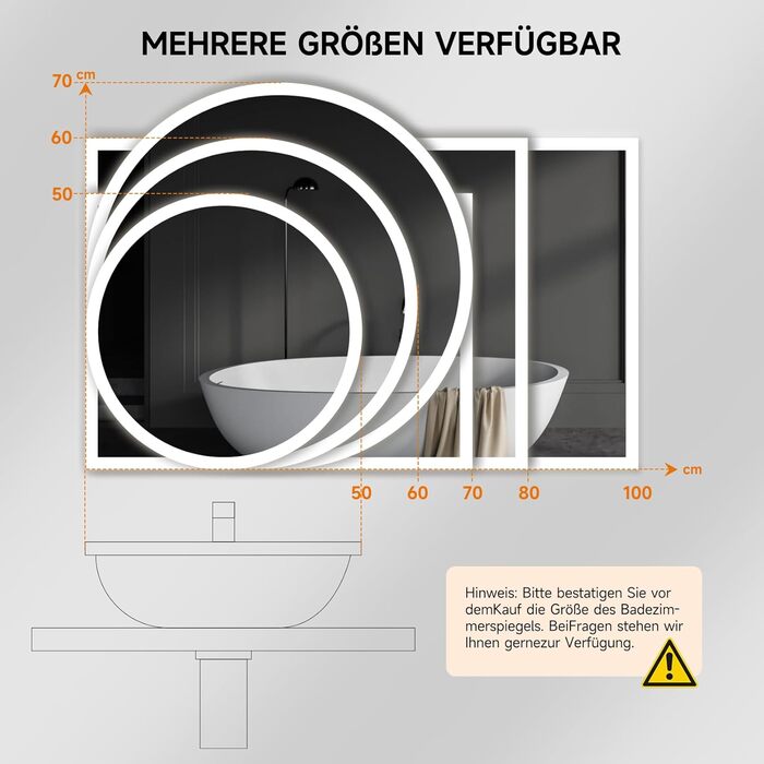 Дзеркало для ванної кімнати YOLEO з підсвічуванням 70см, LED дзеркало з Bluetooth, сенсорне управління, захисне скло, 3 режими світла (антизапотівання, 3 кольори, регулювання яскравості), 50x50 см