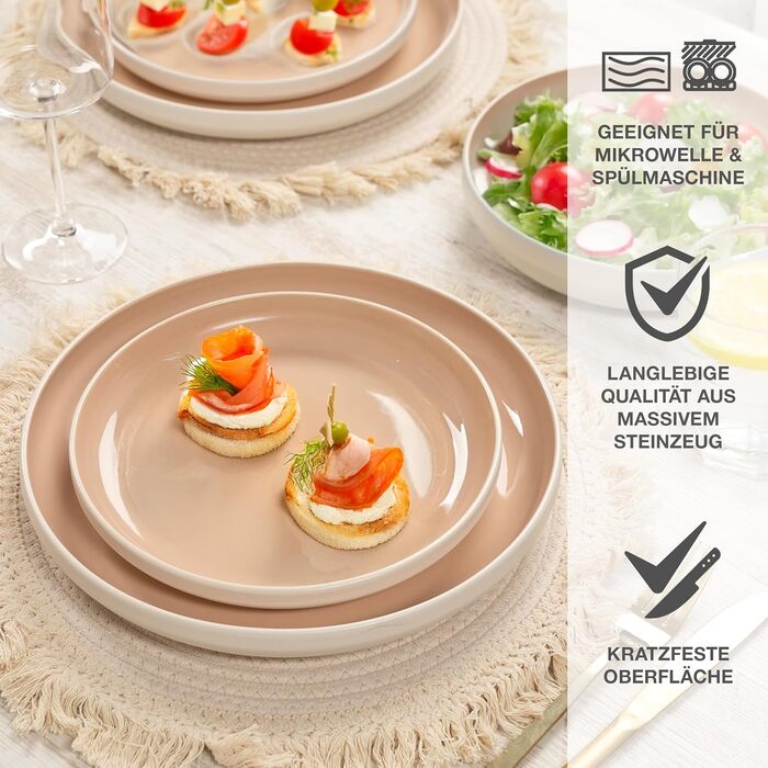 Набір посуду Moritz & Moritz Cavo Steingut на 6 осіб (18 предметів) - Сучасний сервіз з кераміки, комплект тарілок та мисок, кавовий сервіз (Колір: Мигдаль)