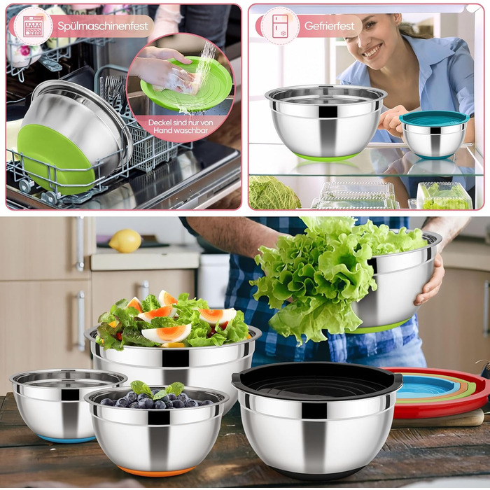 Набір мисок HaWare 7 шт. з нержавіючої сталі з кришками, 6.5-0.7л, кольорові, з силіконовим дном