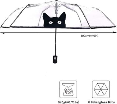 Прозора складна парасолька SMARTBULLE - компактна Стабільний Вітростійкий Автовідкриття Діаметр98см Жіночий парасольку Мотив Кіт.