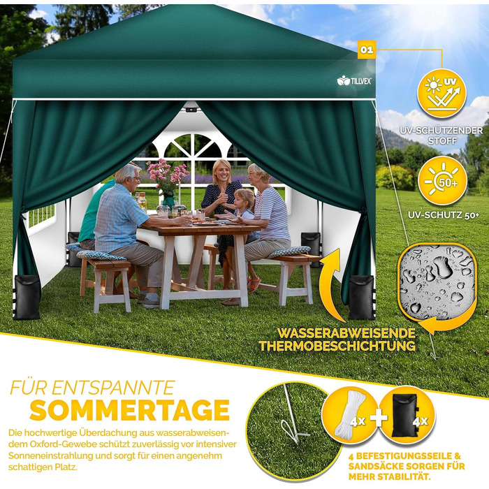 Павільйон Tillvex водовідштовхувальний з набором з 4 мішків з піском | Pop-Up павільйон, стабільний та регульований по висоті | Садовий намет з UV захистом 50+ | Намет для вечірок з сумкою для саду (антрацит) (3x3м з 4 боковими частинами, 3 x 3 м – зелени