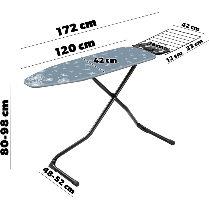 Прасувальна дошка KADAX з висувним відділенням, 120x42 см, регульована по висоті, протиковзкі ніжки (темно-синій)