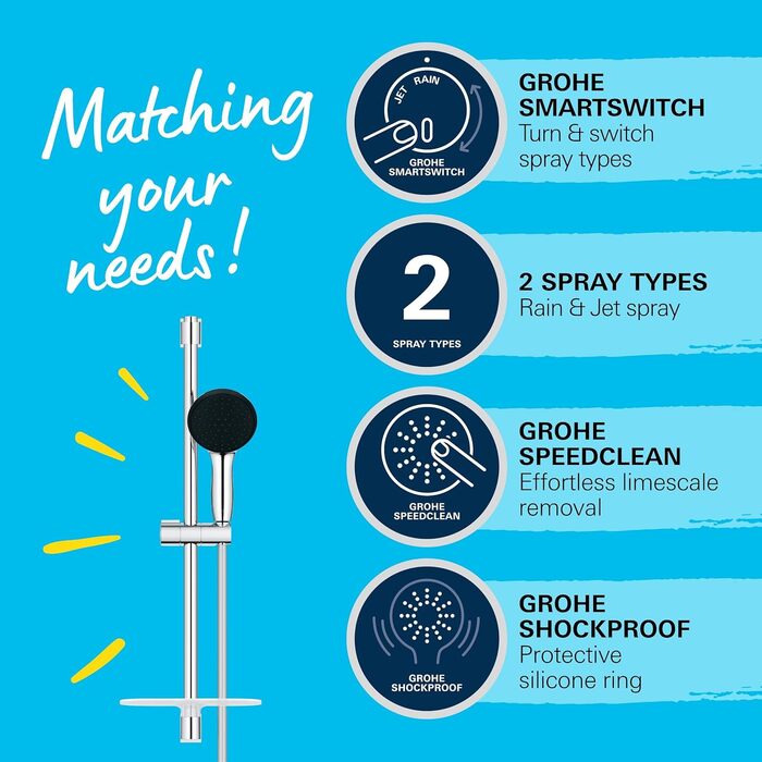 Набір для душу GROHE Vitalio 110, хром, 14 л/хв, 60 см (душова стійка, лійка з 2 струменями, шланг 1.75 м)
