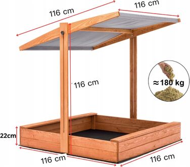 Пісочниця дерев'яна з дахом та сонцезахистом UV 100+, 120x120 см (сіра)
